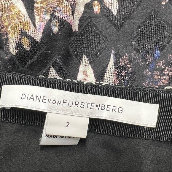 DIANE VON FURSTENBERG Silk black & taupe print skirt lace trim pockets SZ 2 - Picture 7 of 12